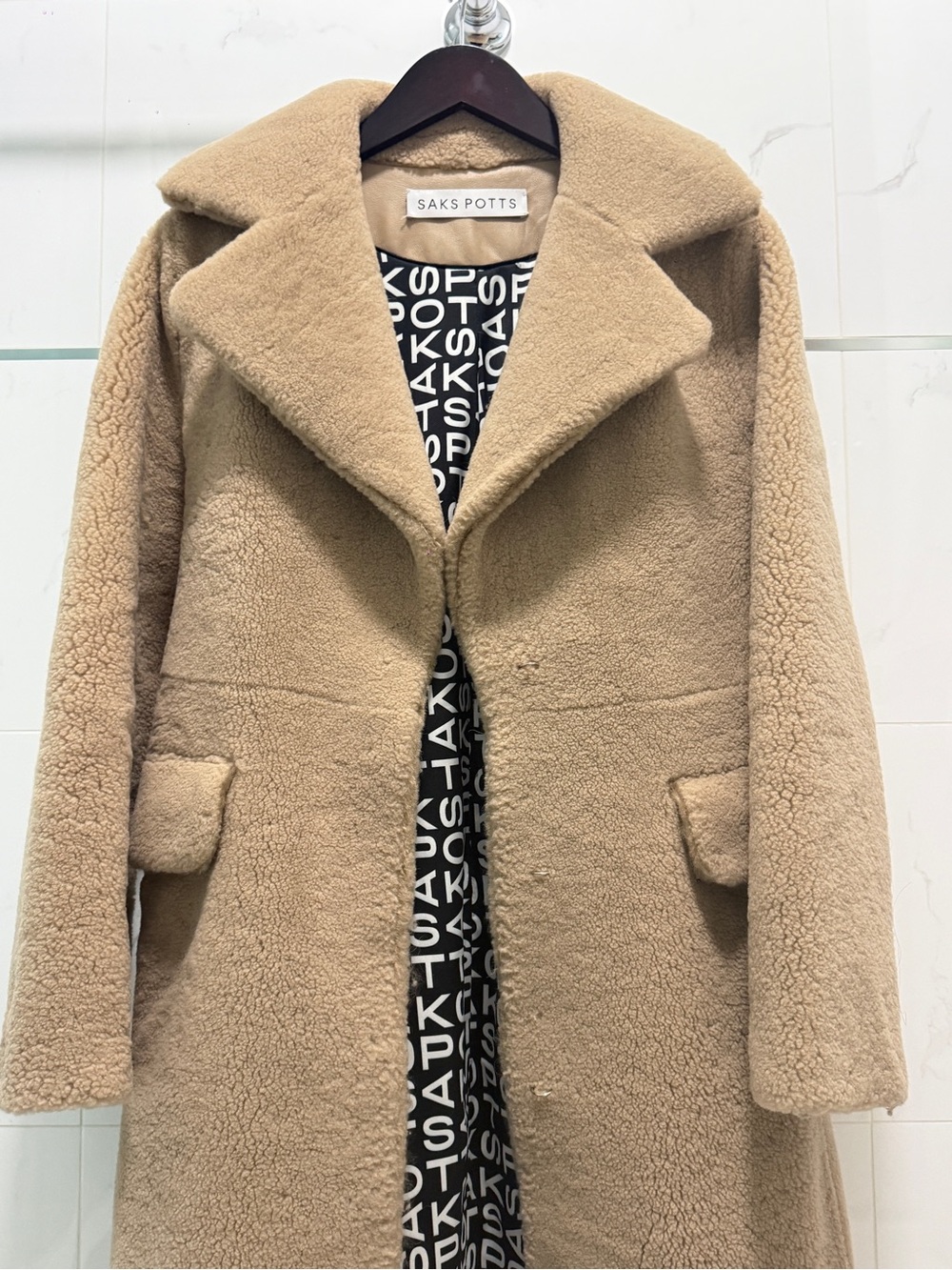 Saks Potts Camel/Tan Shearling Teddy Coat with Logo Lining Size 1 $1800